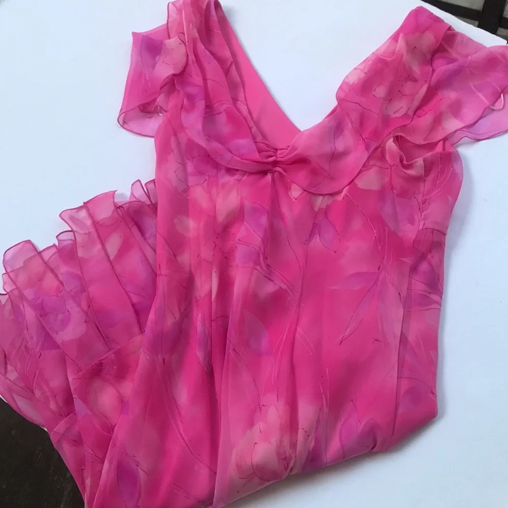 Vintage 90s Cap Sleeve Pink Midi Dress Rare Y2k Milkmaid Fairy Coquette Barbie M - Picture 6 of 17